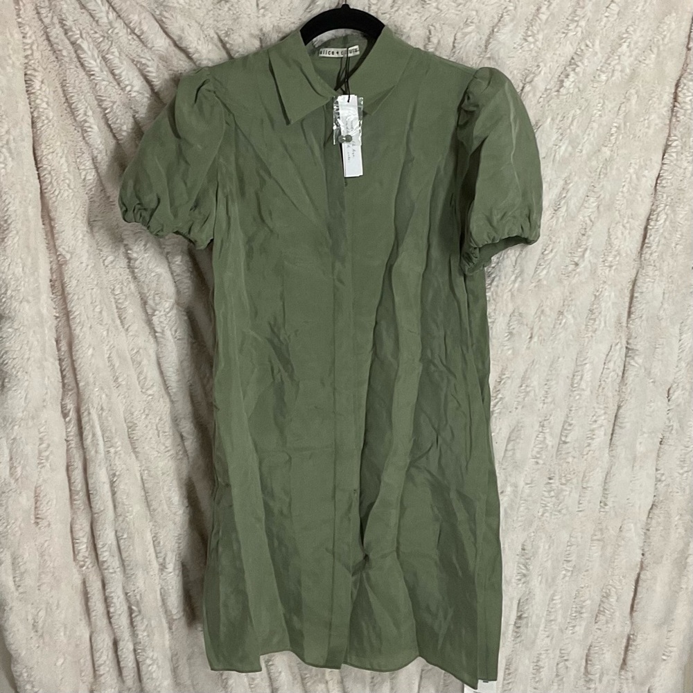 Alice + Olivia Olive Women’s Jem Short Puff Sleeve Collared Mini Shirt Dress